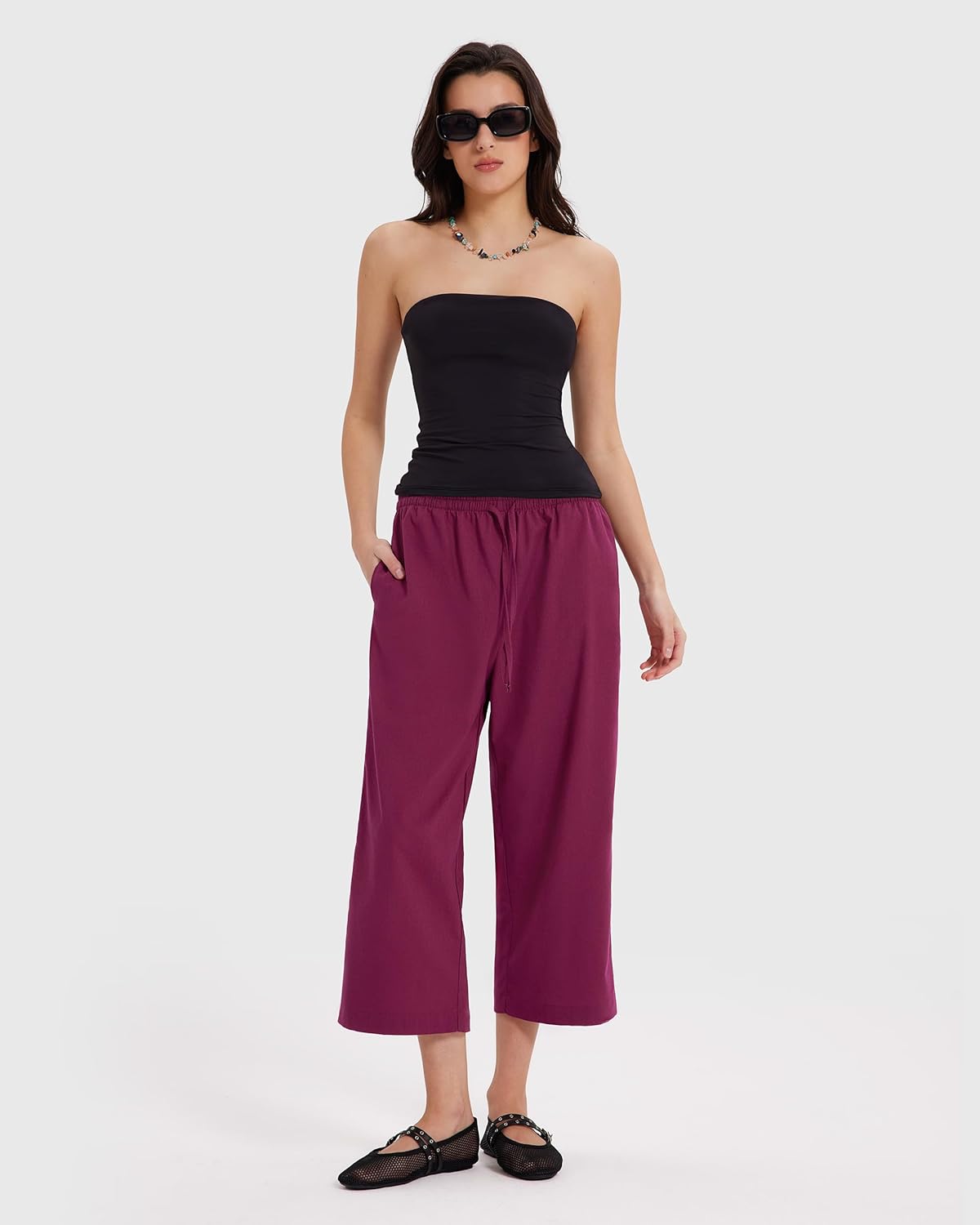 MOOSLOVER Women Linen Summer Capri Pants Drawstring Elastic Waist Wide Leg Pants Casual Straight Leg Pants with Pocket - Image 5