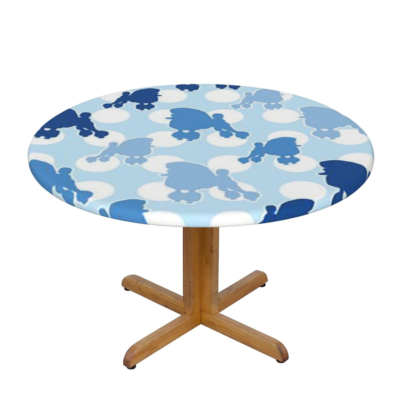 Ffshkowe Blue Poodle Polka Dot Elastic Round Tablecloth Oil Proof Table Cover For Dining Party Picnic