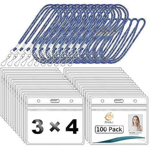 ZHEGUI ID Badge Holder with Lanyard, 100 Pack Horizontal Clear PVC Name Tag Holder with Breakaway Lanyard with Waterproof Resealable Zip(Blue, 3 × 4 inch) Cover
