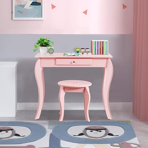 Miniatura 8 de GLACER Juego de mesa y silla para niños, tocador de maquillaje con espejo y cajón, juego de tocador de princesa de madera 2 en 1 con parte superior