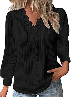 Long Sleeve Shirts for Women 2024 V Neck Lace Tops Business Casual Dressy Blouses Work Oversized Shirts Fall Clothes