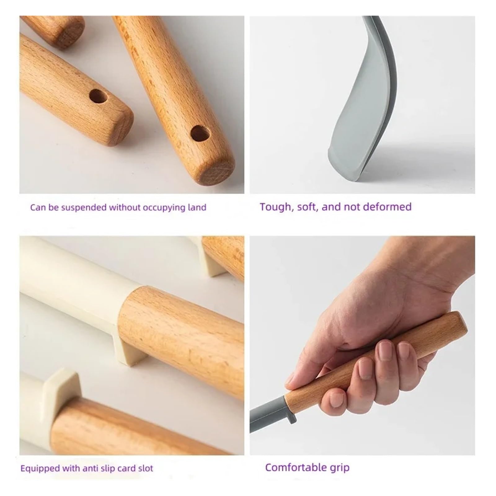 Espátula de silicona, sartén antiadherente, mango madera, cuchara cocina resistente al calor for verduras, herramienta(Grey 6 sets)