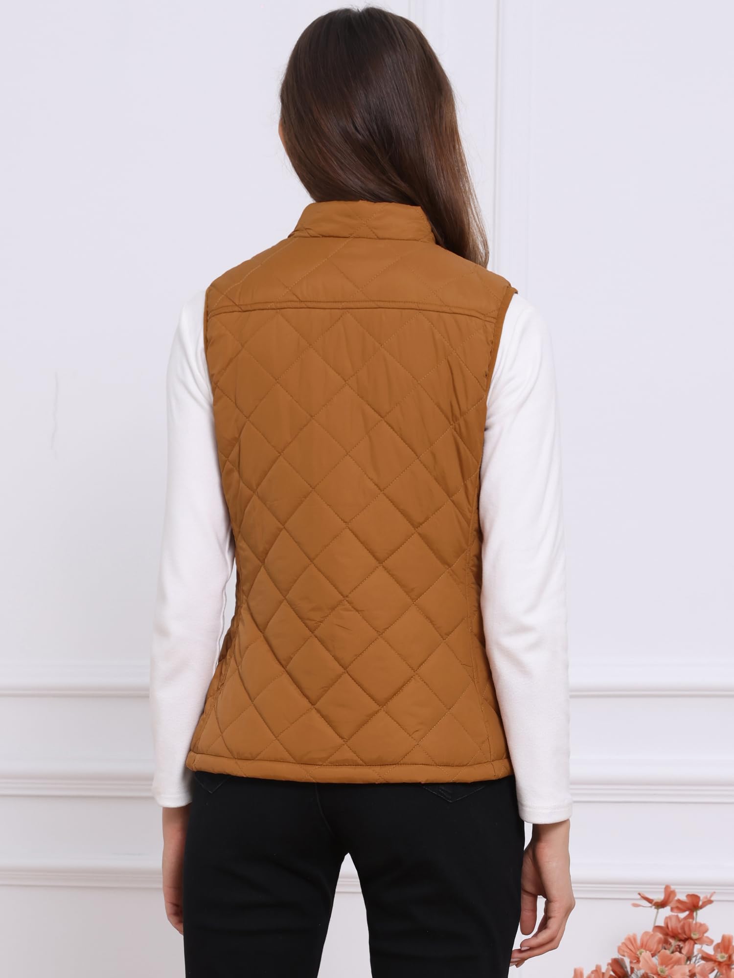Allegra K Donna Giacca Senza Maniche Leggero Cappotto Zip Up Gilet Bavero Dritto Collare Trapuntato Imbottito Vestiti Panciotto Sella Marrone S