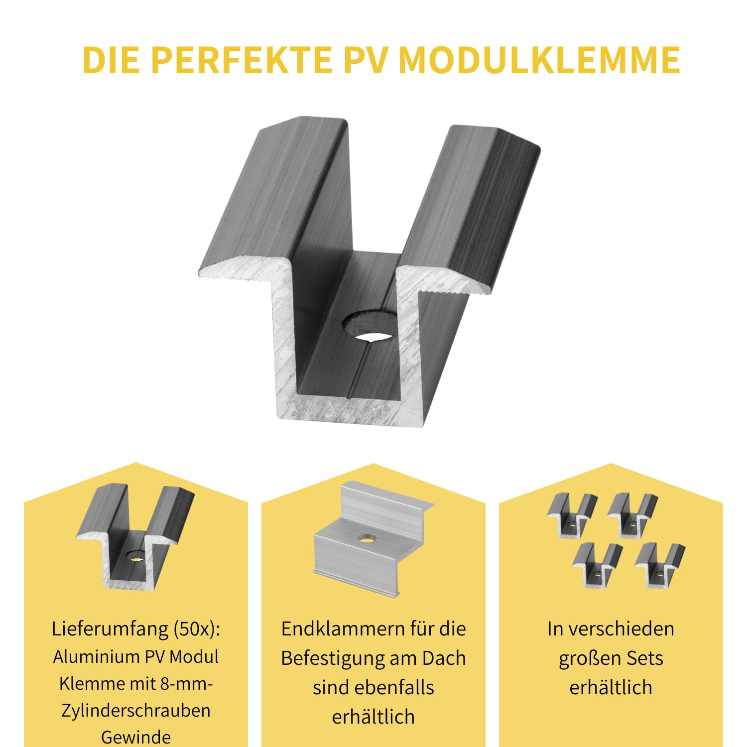 Avoltik Aluminium Mittelklemme 35mm in silber 50 Stück I Klemmen zur sicheren Solarmodul Befestigung I robuste & rostbeständige Balkonkraftwerk Befestigung mit 8mm Zylinderschrauben Gewinde