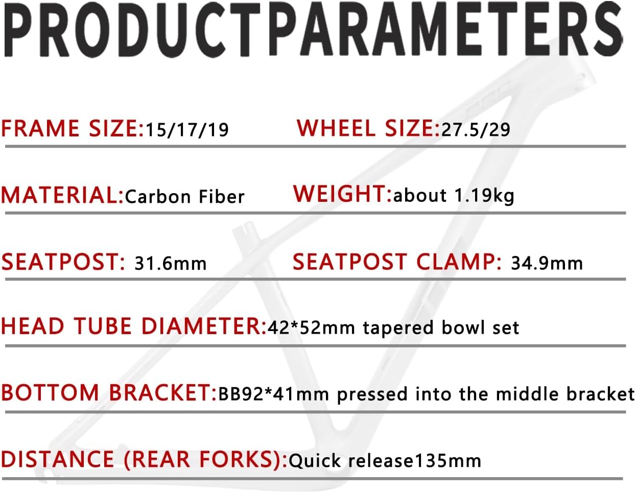 Carbon Mountain Bike Frame 27.5er 29er Hardtail Bikes Frame 15''/17''/19'' Disc Brake Cyclocross Bike Frames QR 135MM Internal Routing