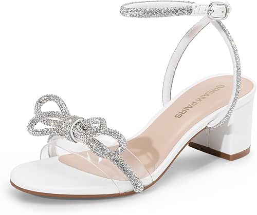DREAM PAIRS Women's Double Bowknots Crystal Sandals Low Chunky Heels