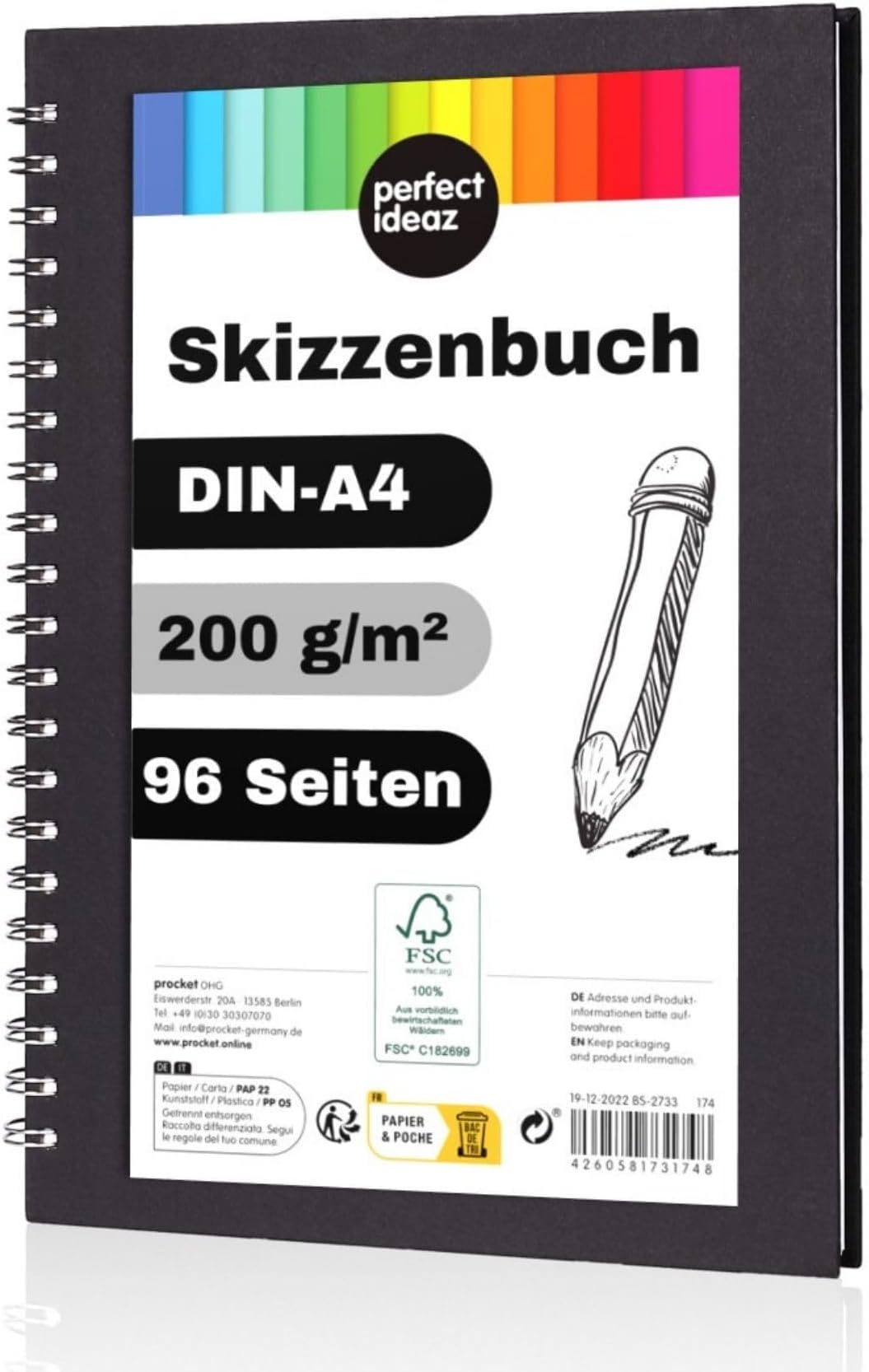 perfect ideaz DIN-A4 Sketch Book 96 Pages (48 Sheets), Professional Drawing Block, Black hardcover, Spiral Binding Book with White Blank Paper, 200 g, Blank Sketch & Black Book for DrawingThe Forest Stewardship Council