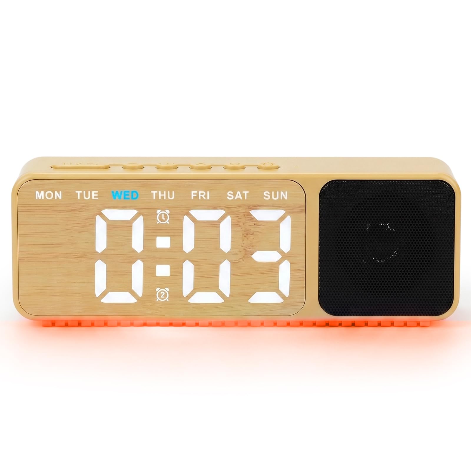 Wooden Digital Alarm Clock with Bluetooth Speaker for Bedside - LED Smart Alarm Clock, RGB Night Light, Dual Alarms with Time Display, Snooze Function, 4 Levels Adjustable Brightness, Timer, USB C