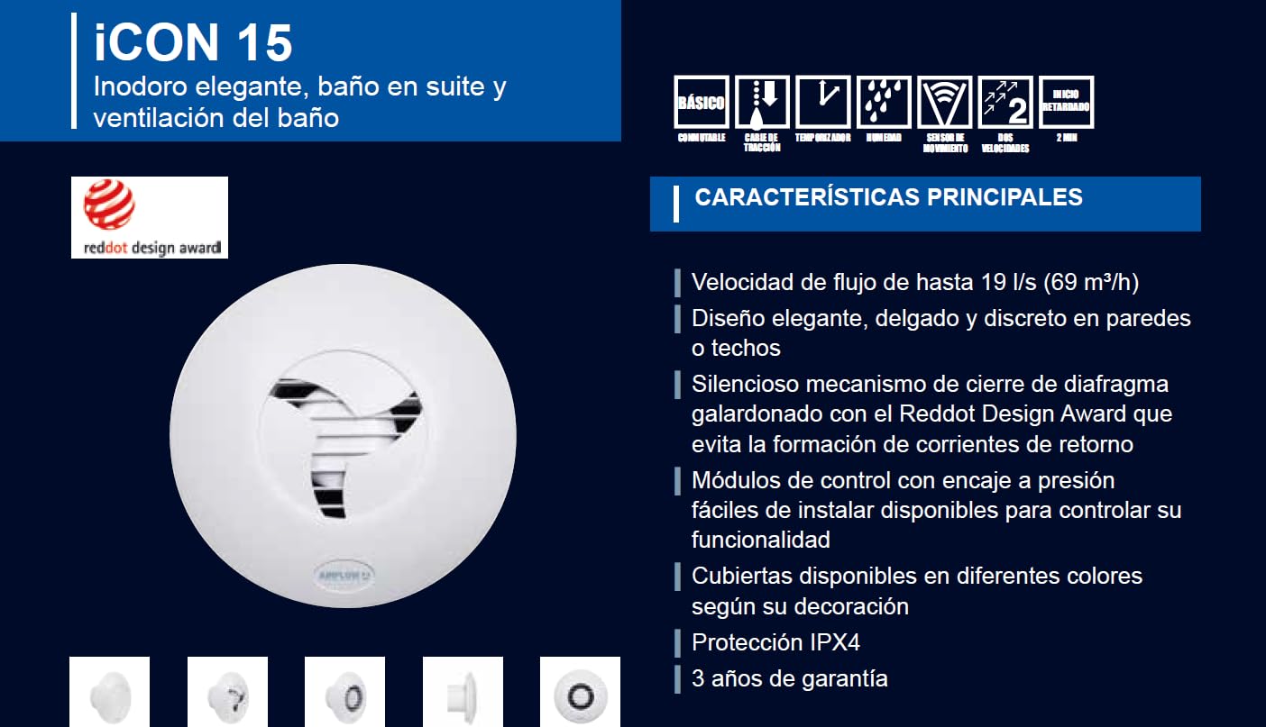 Airflow iCON 15 Extractor de Baño - 100 mm/4" - Eficiencia Energética 9,4W, 19 l/s, Persiana Silenciosa Iris, Múltiples Opciones de Control | Garantía de 3 Años