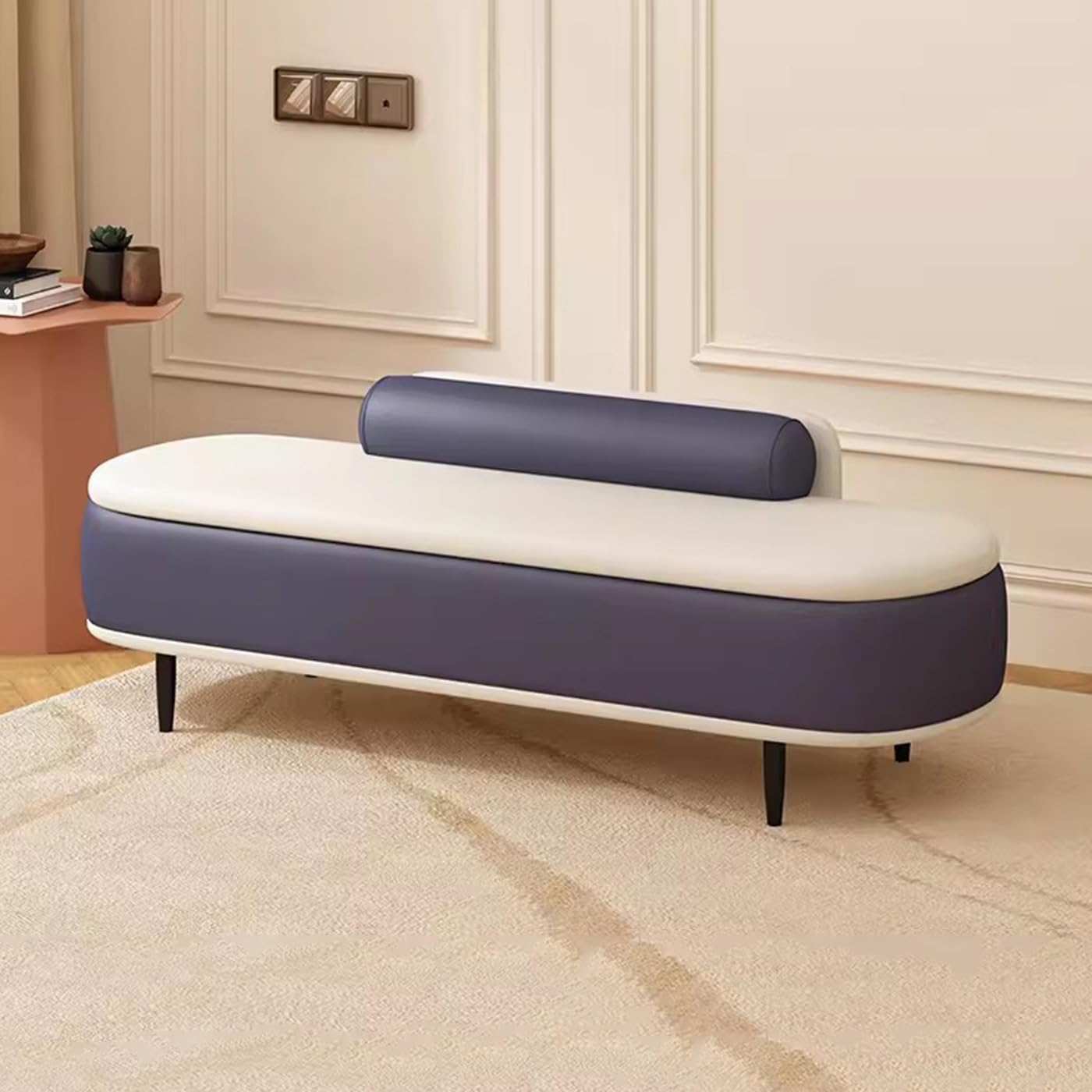ZHANGshouf Modern Ottoman Storage Bench with Lumbar Pillow Entryway Storage Box for Living Room Faux Leather Footrest Stool Dark Blue and Beige 100cm