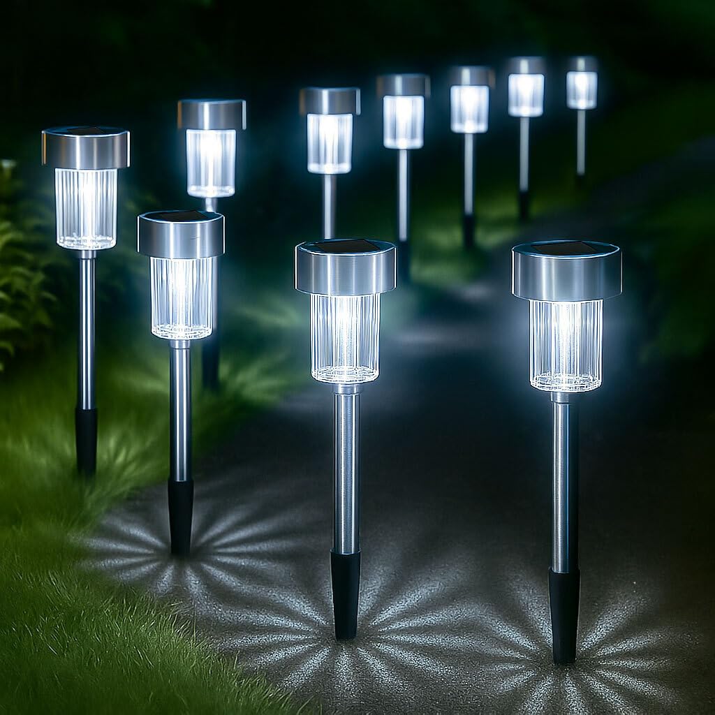GloBrite Pack of 10 Solar Lights Outdoor Garden – Waterproof Stainless Steel LED Solar Garden Lights with Stake for Pathway, Driveway, Patio, Walkway, Lawn, Yard & Landscape Decoration