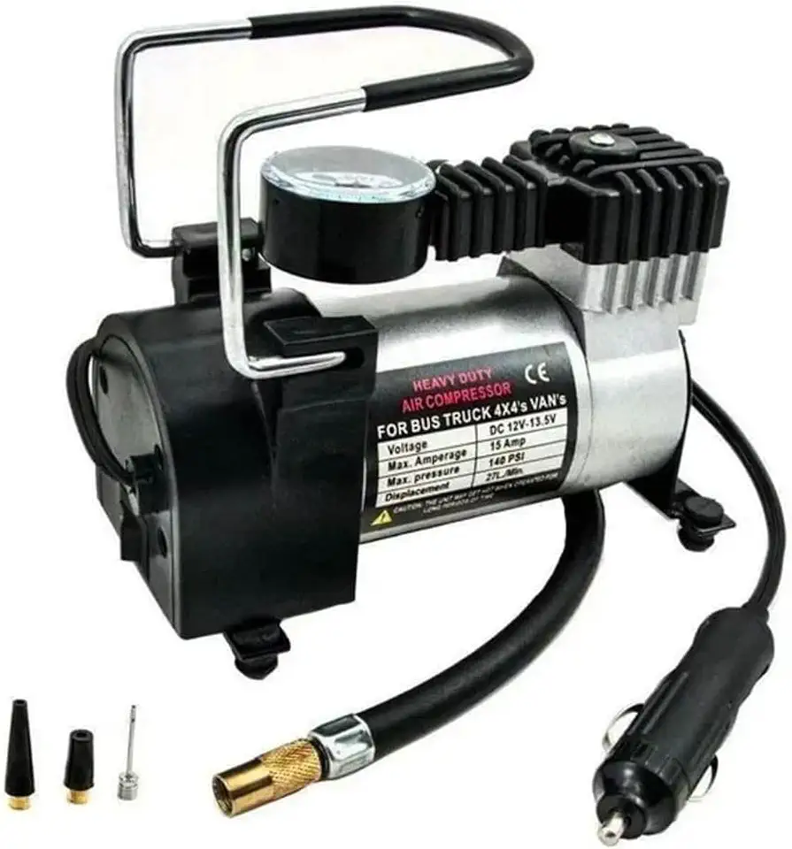 Compressor Veicular De Ar Mini Elétrico Portátil Prata 12V Com Manômetro Encher Pneu Bicicleta, Carro, Caminhão, Onibus, Vans Alta Pressão Com 3 Bicos Para Inflar PREMIUM