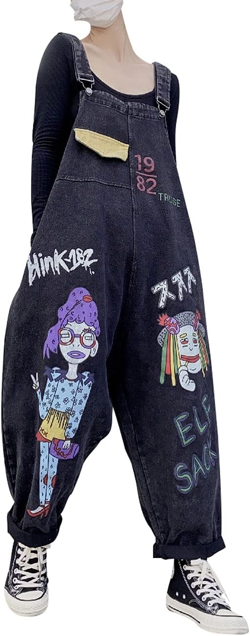 Women's Casual Printed Jumpsuits Denim Bib Overalls Jeans Pants