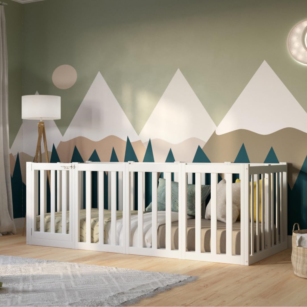 Crazy Pine Kinderbett 120x180 cm – Montessori Bodenbett mit Hohem Rausfallschutz 73cm und Öffnbarer Barriere - Weiß mit Glatter Oberfläche - Perfekt für Jungen und Mädchen Crazy John