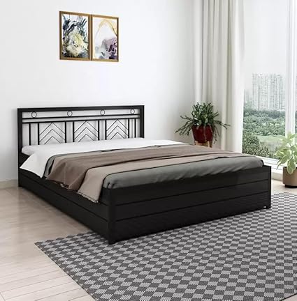 Universe Furniture Maxums Queen Size Metal Bed with Hydraulic Storage (Matte Finish, Black)