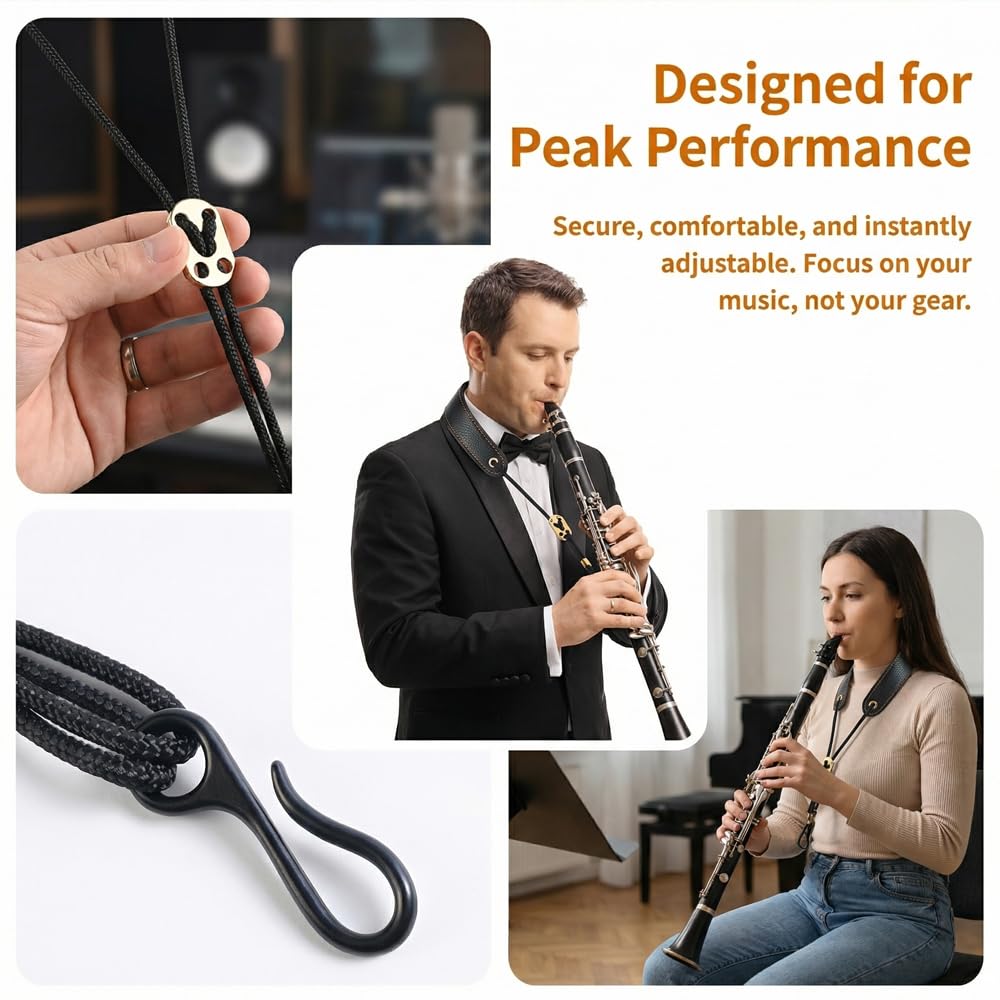 Correa ajustable para el cuello para clarinete: diseño ergonómico que alivia la tensión de la mano, soporte acolchado suave para clarinetes BB y A