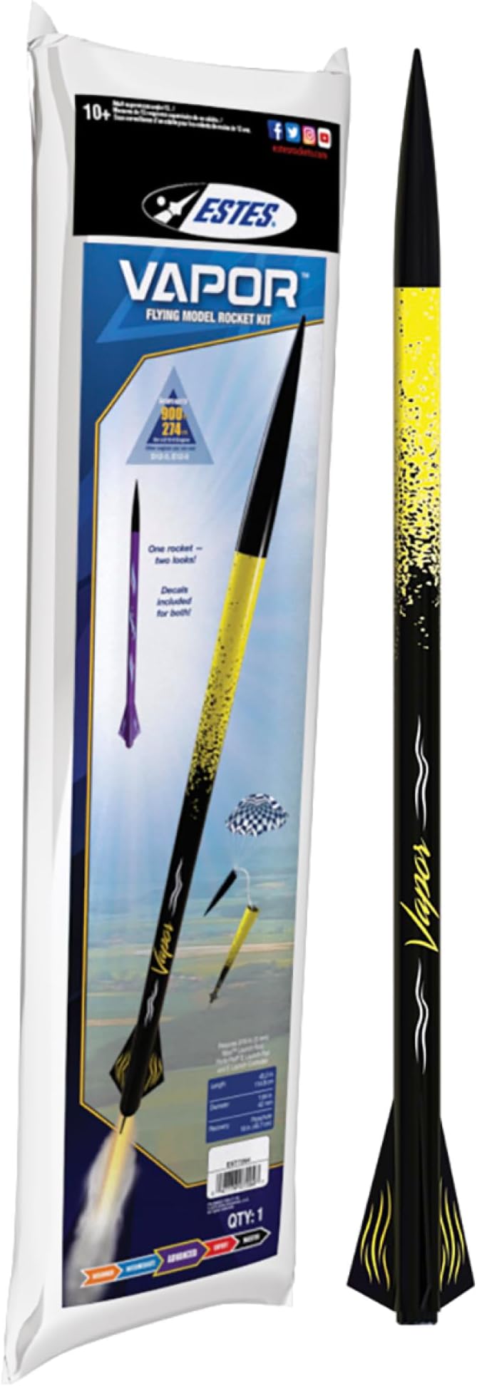 Estes Vapor Flying Model Rocket Kit 7294 | Advanced Build, Black/Yellow & Black/Purple
