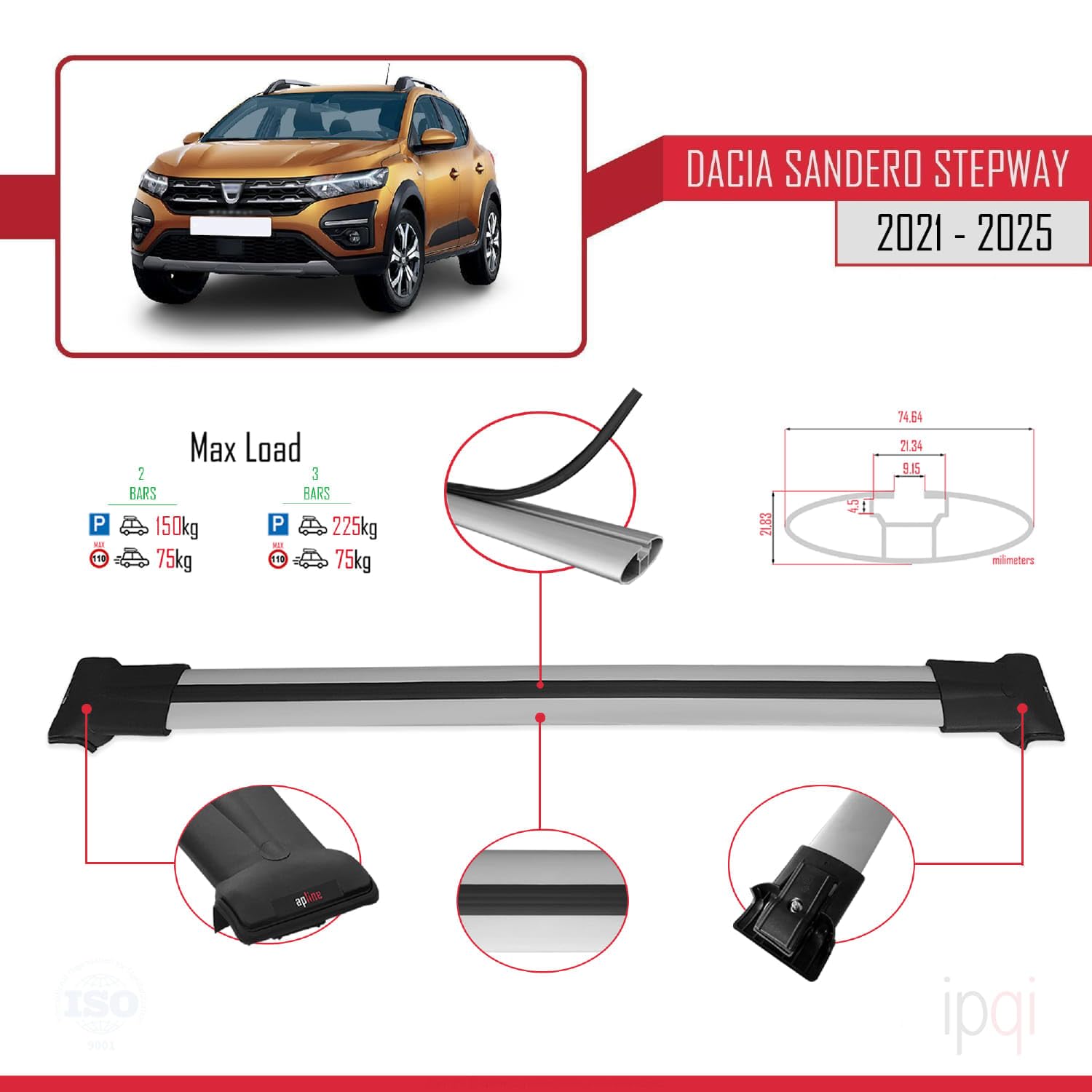 Barres De Toit Aluminium Pour Dacia Sandero Stepway 3 (2021-2025) – Modèle FLY, Gris, Charge 75 Kg | Pour Coffre, Porte-vélos, Skis - 4