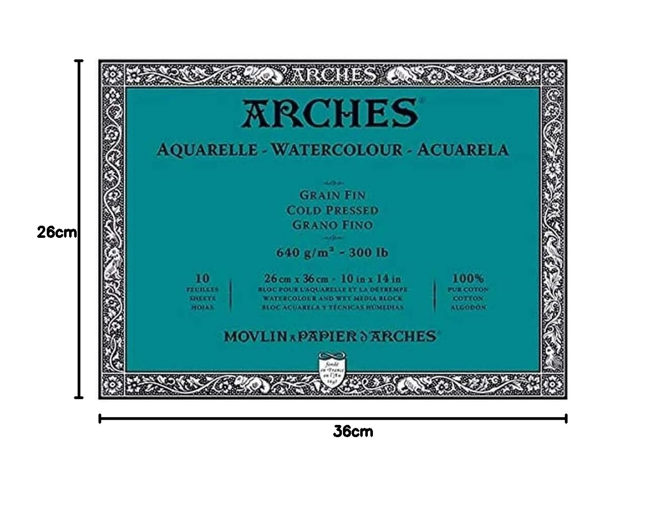 ARCHES Akwarela blok 10 arkuszy 26x36 klejony 4-stronny, 640g/m², satynowe ziarno, naturalna biel, 4 krawędzie