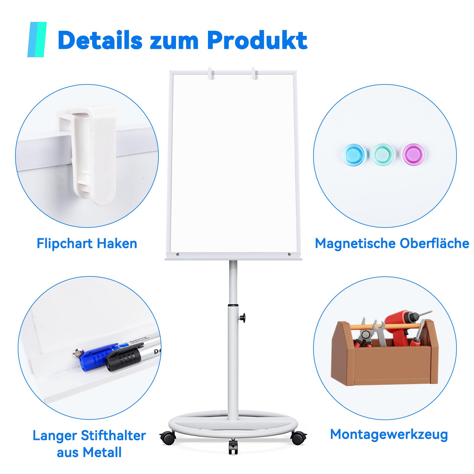 maxtek Flipchart Ständer, 90x60cm Whiteboard mit Ständers, Kunststoffrahmen Flipchart Papier, Magnetisch Höhenverstellbar, Trocken Abwischbar, 1 Radierer, 3 Markern und 6 Magneten