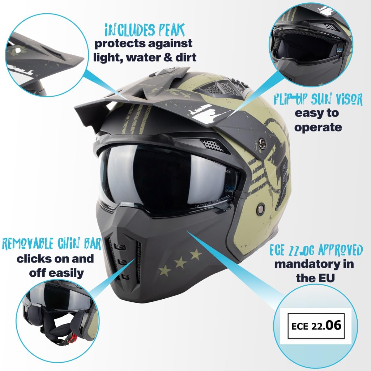 VINZ Shikoku - Casco Jet / Streetfighter | Homologado ECE 22.06 | Casco de moto | Casco de moto | Casco Scooter con visera solar / Parasol | Casco Jet con protector de barbilla desmontable