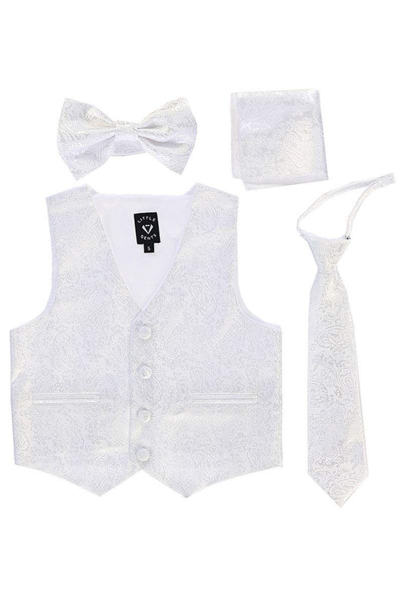 Little Gents 738 Satin Vest w/Zipper Tie Bowtie & Hanky (White Paisley, 12-18 Months)