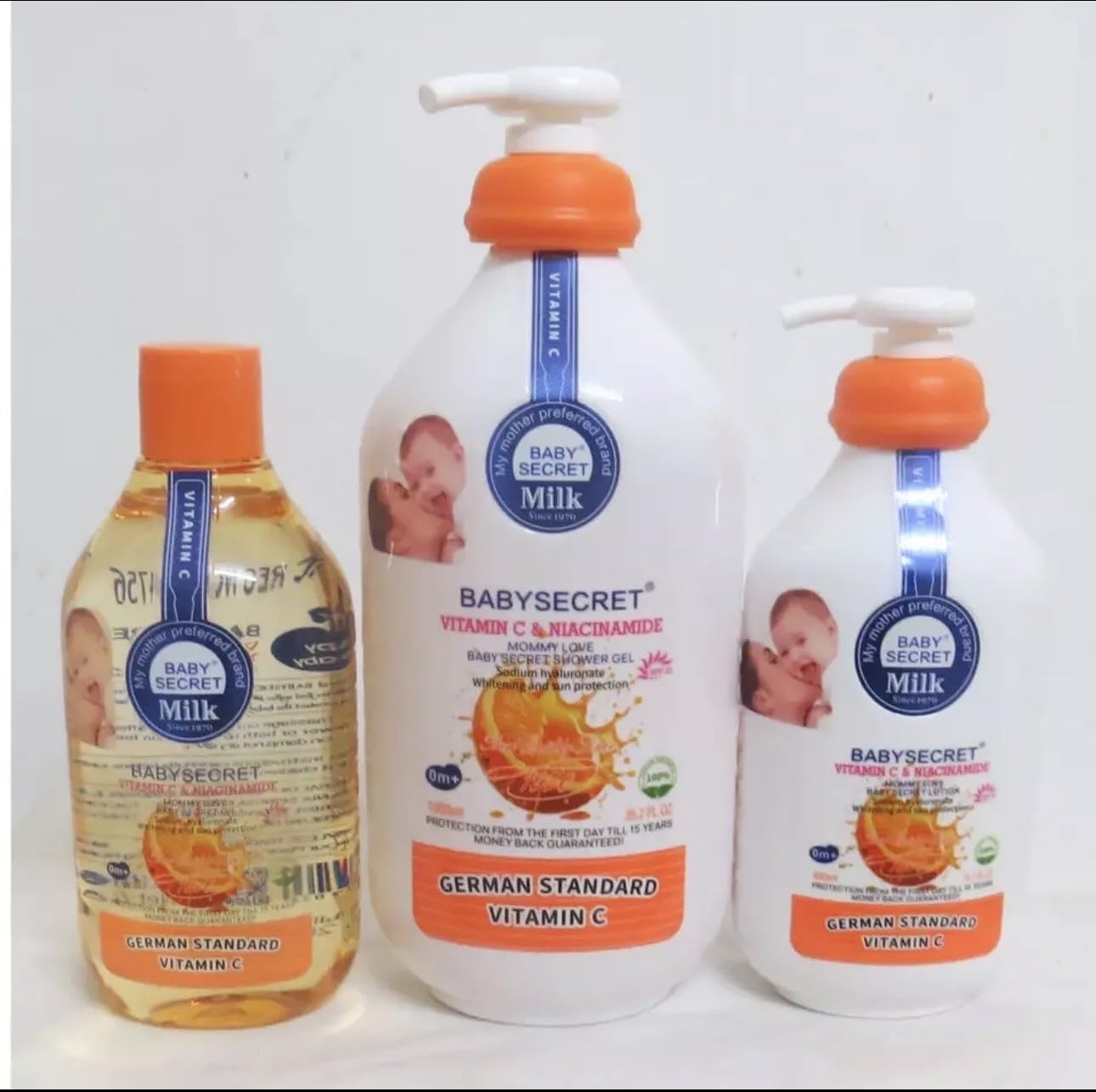 Baby Secret Vitamin C & Niacinamide Body Lotion 400ml + Shower Gel 1000ml + Oil 440ml - 3Pcs Set - Protection from birth ph 5.5