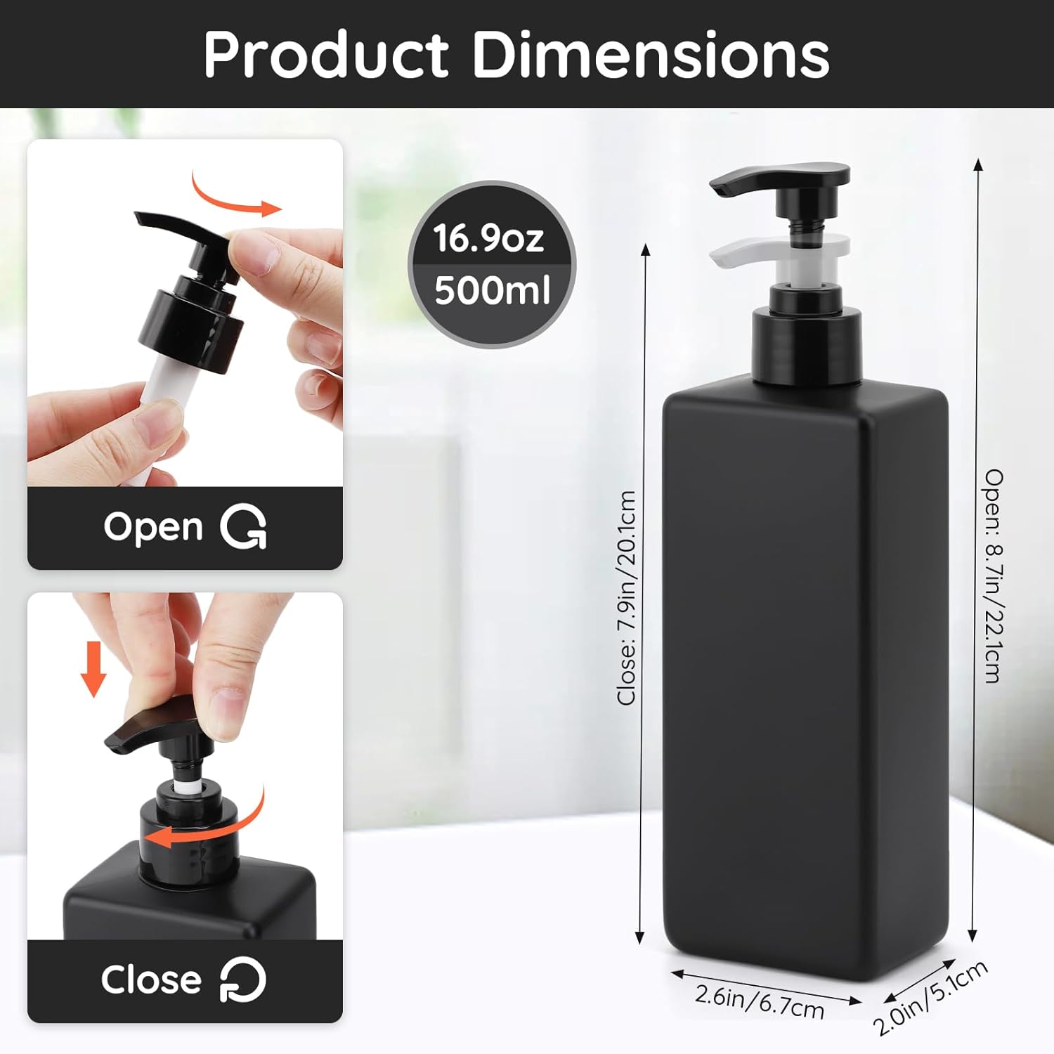 Segbeauty Bathroom Soap Dispenser Set, 4 Pack of 16.9oz Shower Bottles Refillable with Labels, 500ml Plastic Square Matte Black Soap Dispenser Empty Pump Bottles for Shampoo Conditioner Body Soap - Image 4