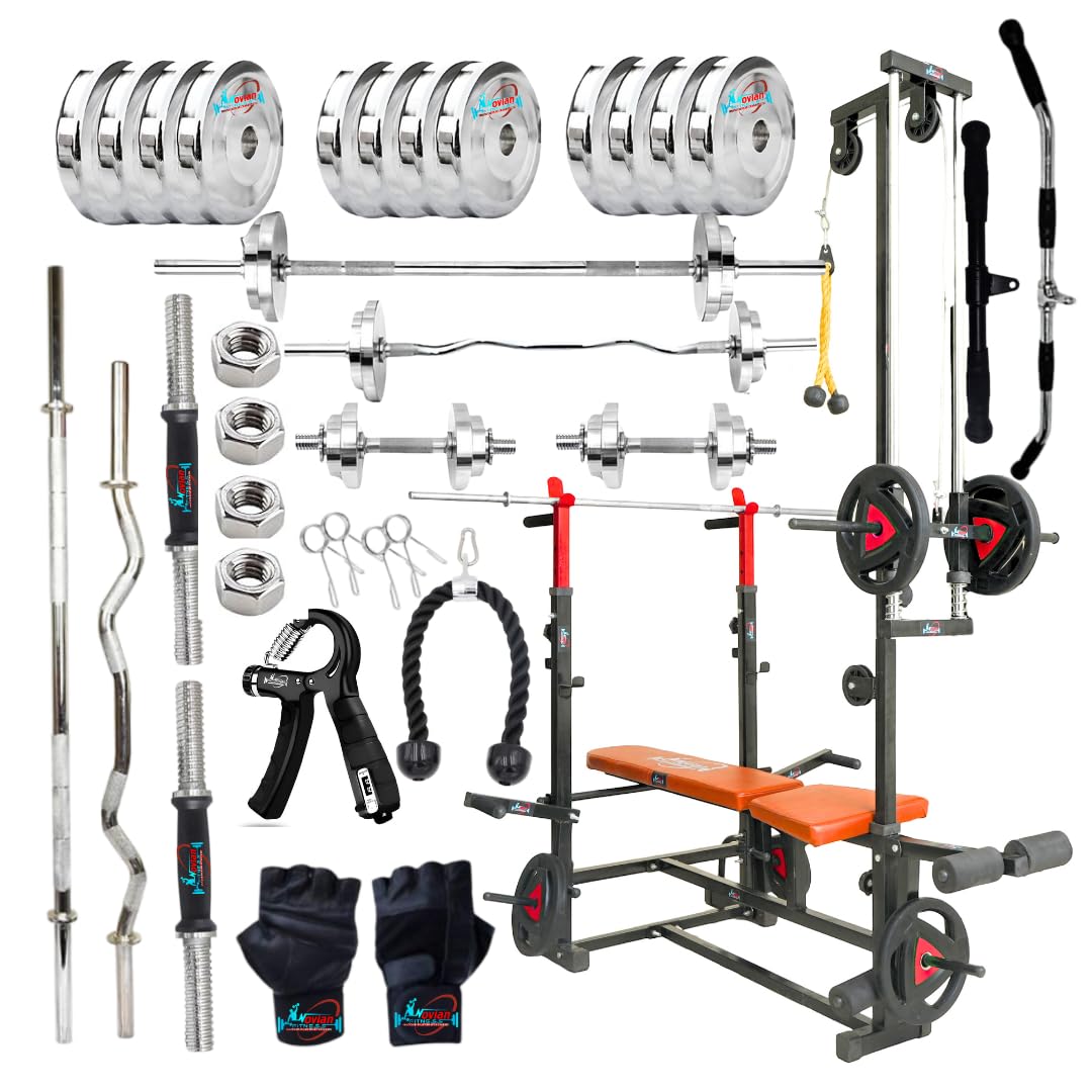 Home Gym Set with Weight Plates, 30kg Steel Weight Plates Set, 20-in-1 Adjustable Gym Bench Combo, Barbell Rods with Plates, Complete Home Workout Equipment for Full Body Training-image-43