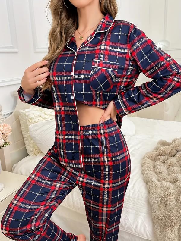 Image of Night Suit for Women with Full Sleeve Button-Down Top with Pant Dress for Woman,Night Dress for Woman, Two-Piece Loungewear Set