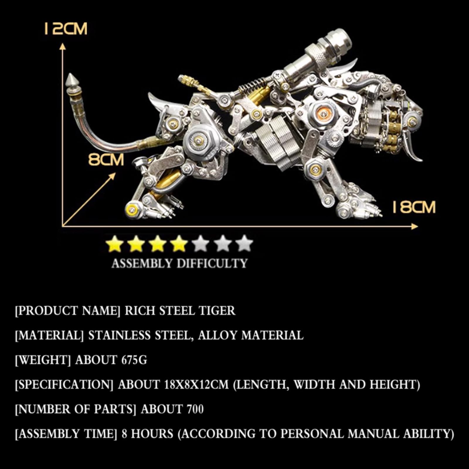 ELEMENTO Puzzle 3D Metallico Tigre Bengala Steampunk - 700 Pezzi, Modello Da Montaggio 18x8x12 Cm, Con Luci LED