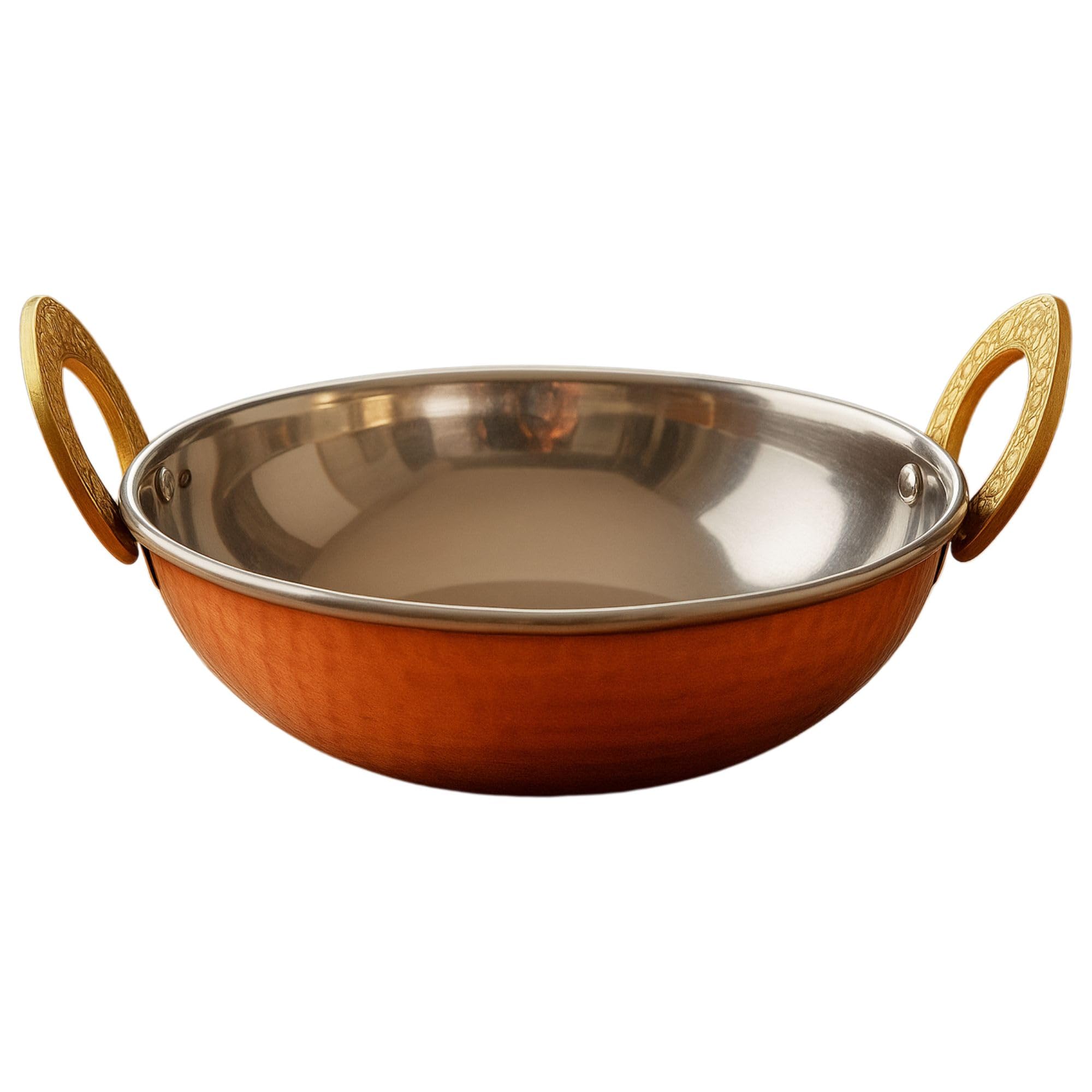 HOME GENIE Handcrafted Copper Kadhai with Stainless Steel Inner Layer | Dual-Layer Indian Serving Bowl with Brass Handles for Curry, Dal, Gravies, Gifting & Table Décor – 1 Pc