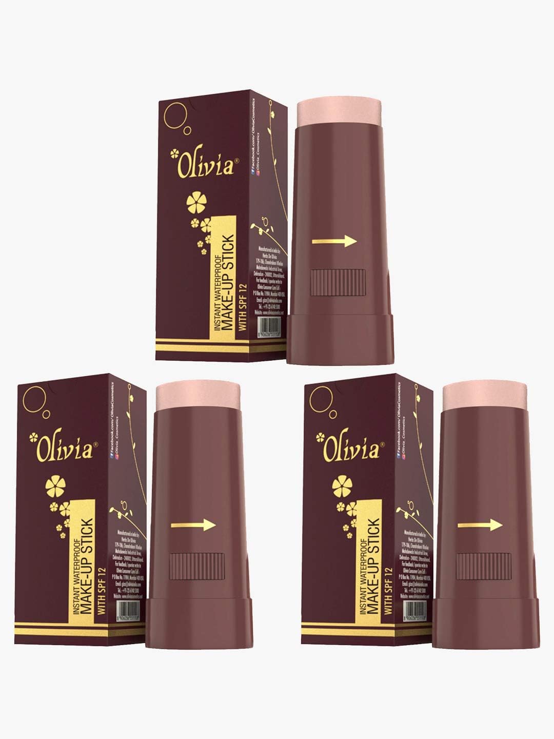 Olivia Instant Waterproof Makeup Matte Stick Concealer (Rachelle Rose Shade No.2, SPF 12)- Pack of 3 Matte Finish