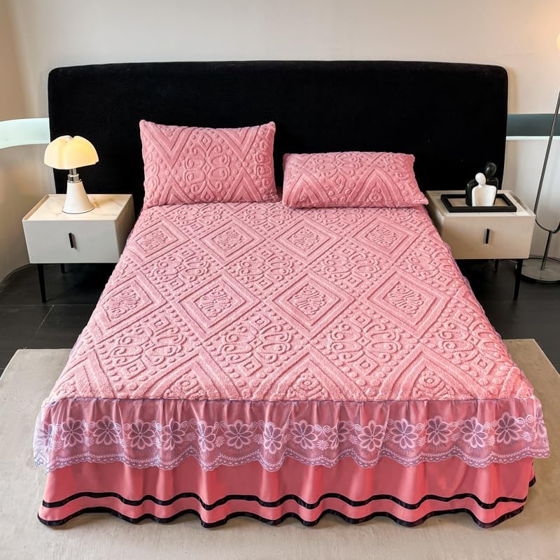 Velvet Quilted Bedspread Set with Embroidered Lace Ruffle - Floral Pattern 3-Piece All-Season Bedding Includes Bed Cover And 2 Pillowcases, Lightweight Breathable Home Decor (rose red,Super King)