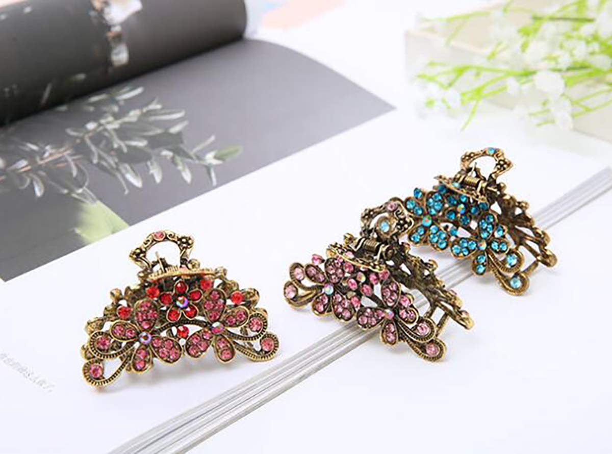 Fodattm Retro Flowers Hair Claw Clip for Women Lady Girls Vintage Alloy Rhinestone Hair Jaw Clips Hairpin Fancy Hair Clamp (Sky blue) - Image 4