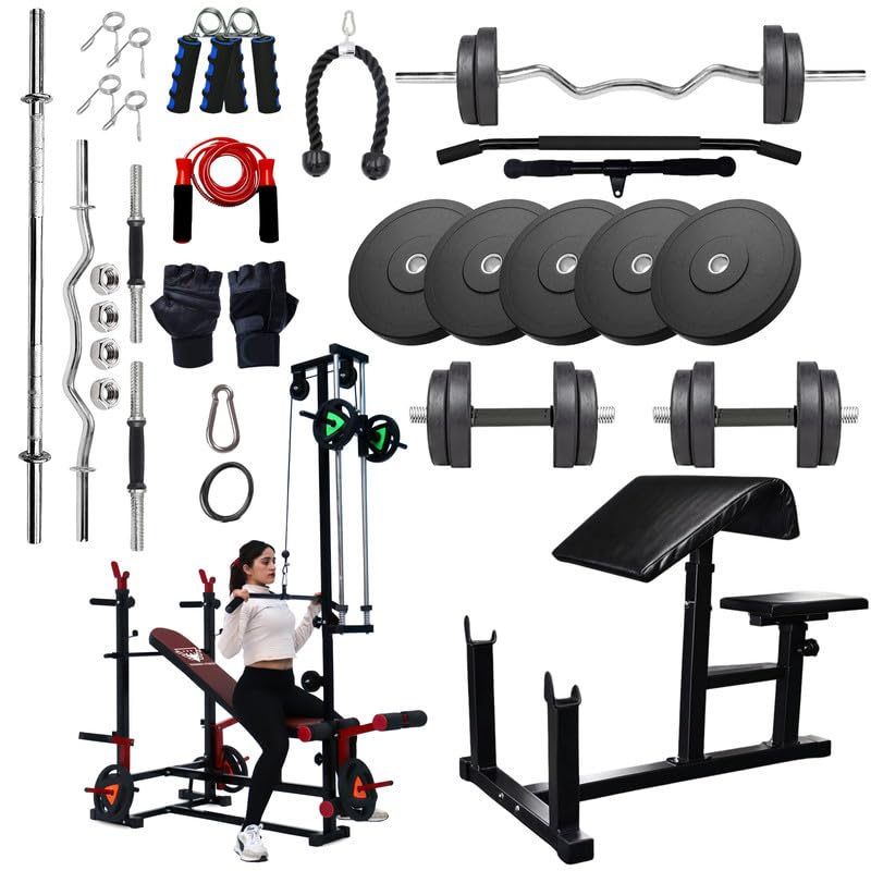 VAISHNAVI FITNESS 20-in-1 Multipurpose Home Gym Bench Set with 60 Kg Rubber Weight Plates | All-in-One Home Gym Equipment for Men & Women | Full-Body Workout Bench.