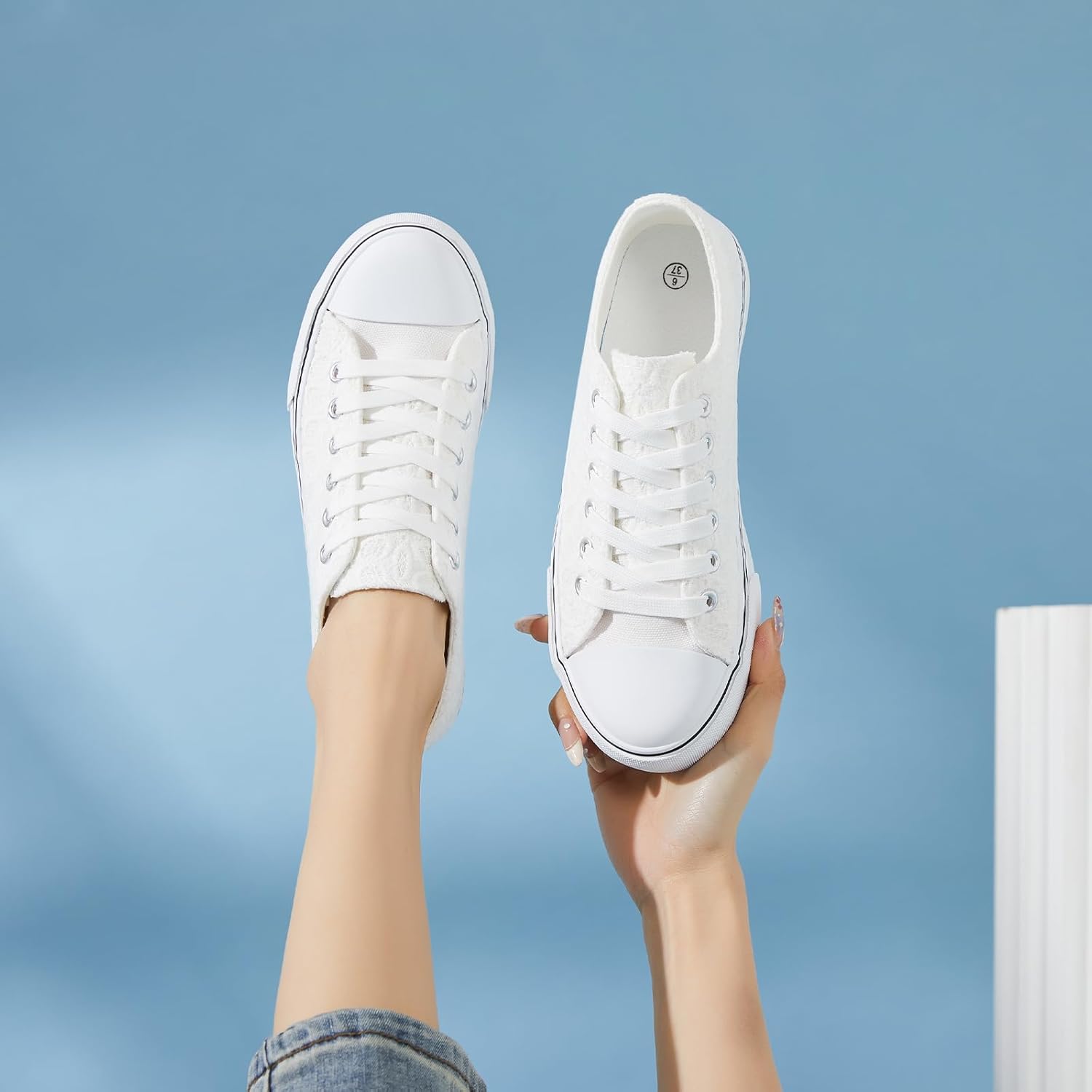 HYPOCRUTE Womens White Tennis Shoes Embroidered Flower Low Top Women Canvas Shoes Women’s Fashion Sneakers - Image 2