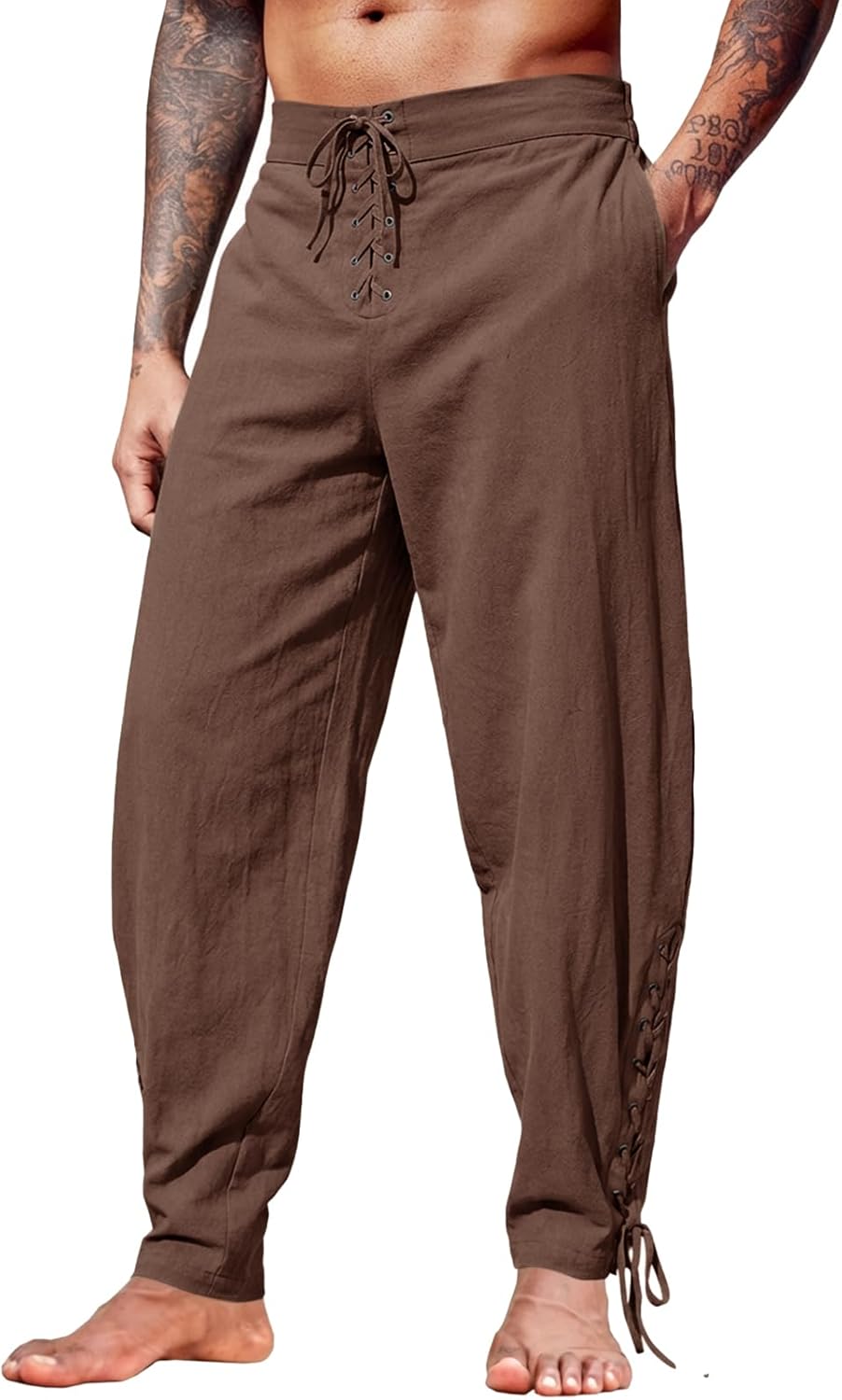 Runcati Mens Medieval Pirate Pants Renaissance Viking Ankle Banded Cotton Pants Lace Up Retro Halloween Costume Trousers