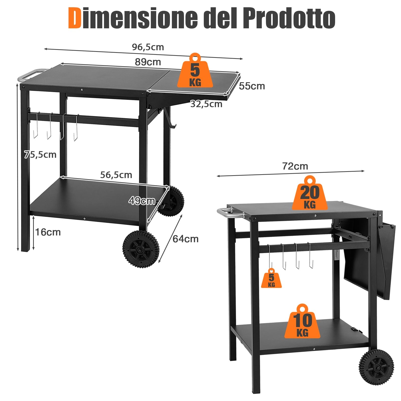 GYMAX Carrello da Cucina a 2 Piani con 2 Ruote, Carrello Multifunzionale con Piano Pieghevole, 4 Ganci Metallici, Maniglia Laterale, Servizio per Barbecue Esterno