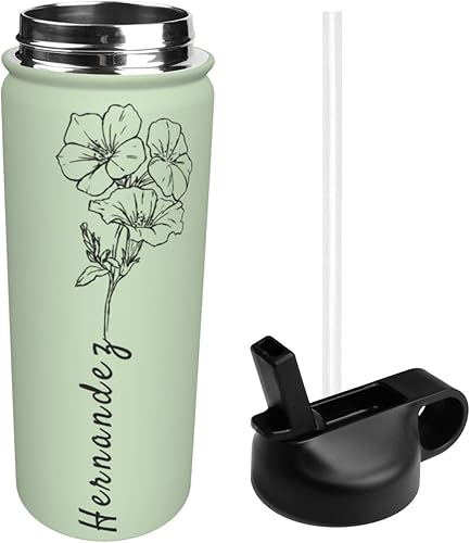 Miniatura 3 de Botellas de agua personalizadas con flor de nacimiento de 18 onzas, taza térmica de acero inoxidable con pajita, regalo personalizado para adultos,