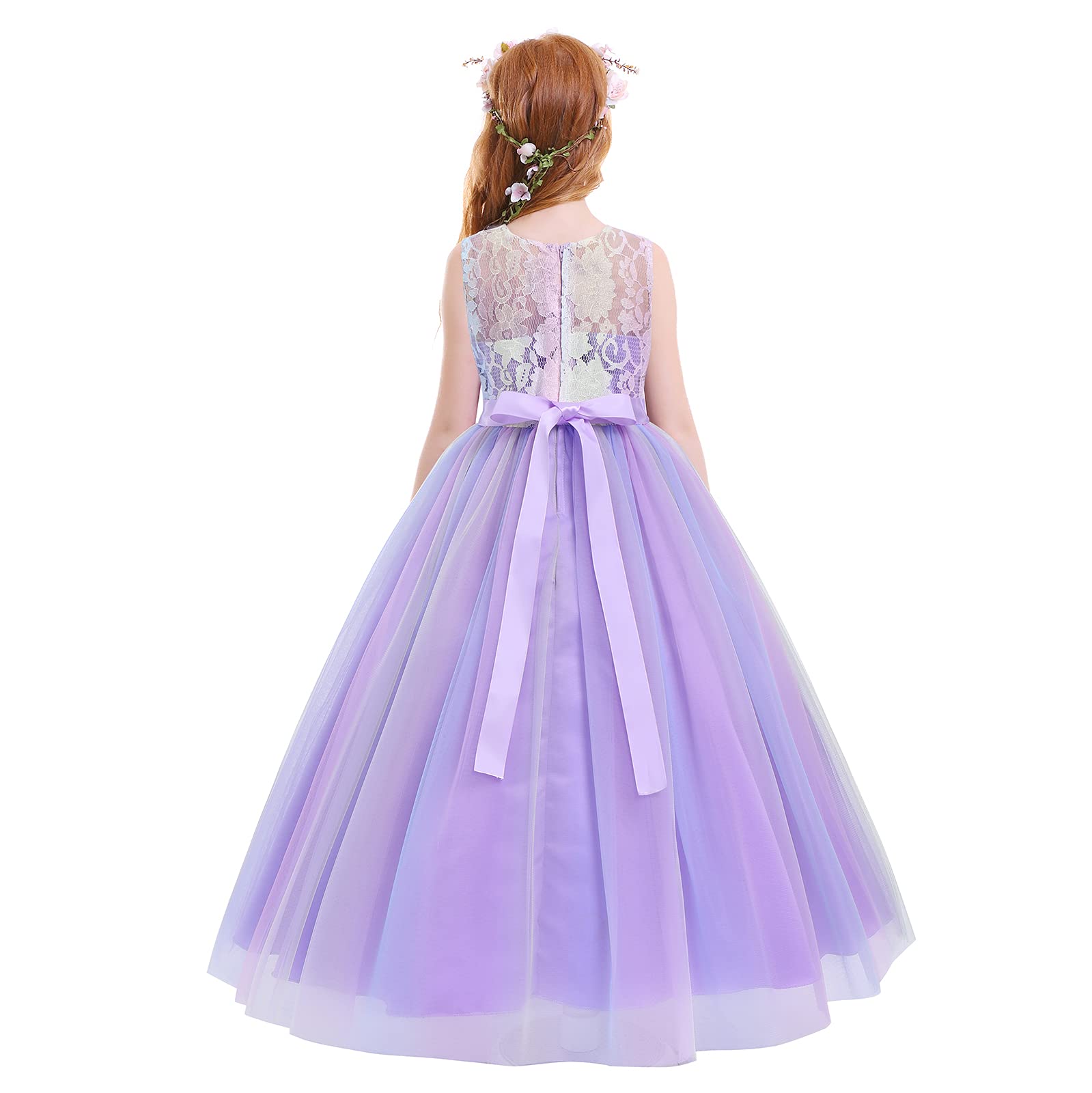 Flower Girl Dresses Princess Long Pageant Formal Wedding Bridesmaid Party Maxi Embroidered Festival Carnival Birthday Easter First Communion Baptism Christening Dress Rainbow Purple 9-10 Years