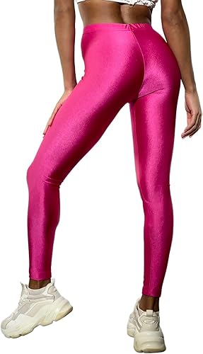 Leggings brillantes para mujer, estilo vintage de los años 8090, verde neón, rosa, naranja, azul, violeta, negro, ropa para rave y discoteca