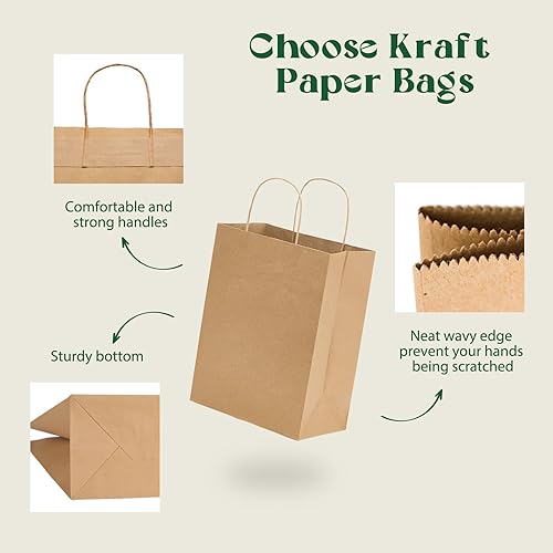 Miniatura 3 de MESHA Bolsas de papel kraft de 8 x 4.75 x 10.5 pulgadas, bolsas de regalo marrones con asas a granel, 50 bolsas de papel kraft para pequeñas