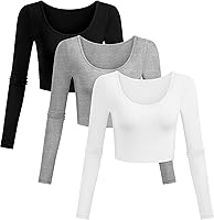 Vista 1 de 3 piezas de camisetas cortas básicas de manga larga para mujer, ajustadas, cuello redondo, color liso, casual, para mujer