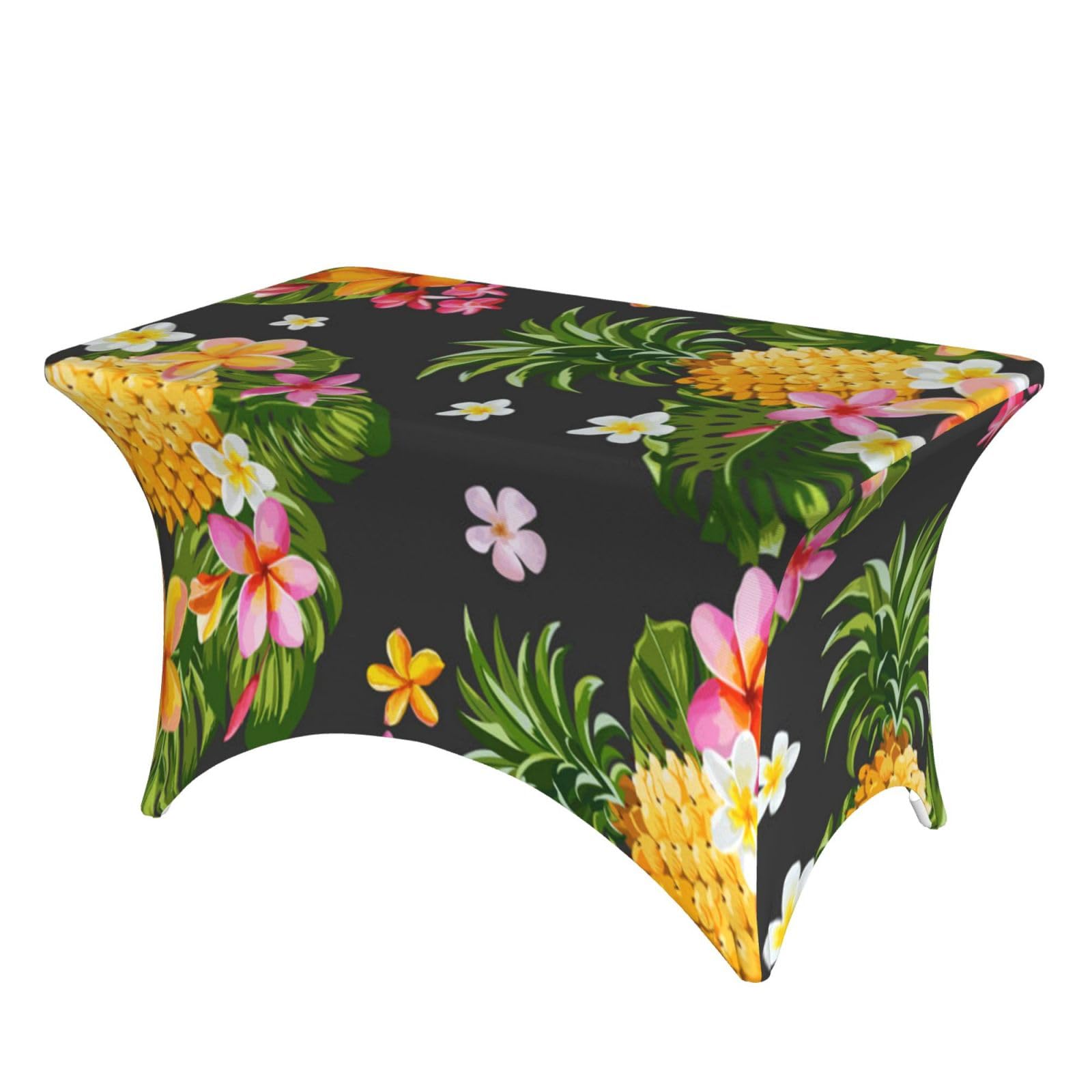 DCEHGEW 4FT Spandex Rectangular Table Cloth, Tropical Pineapple Hawaiian Printed Fitted Elastic Tablecloths Washable Table Cover for Event, Wedding, Banquet & Party
