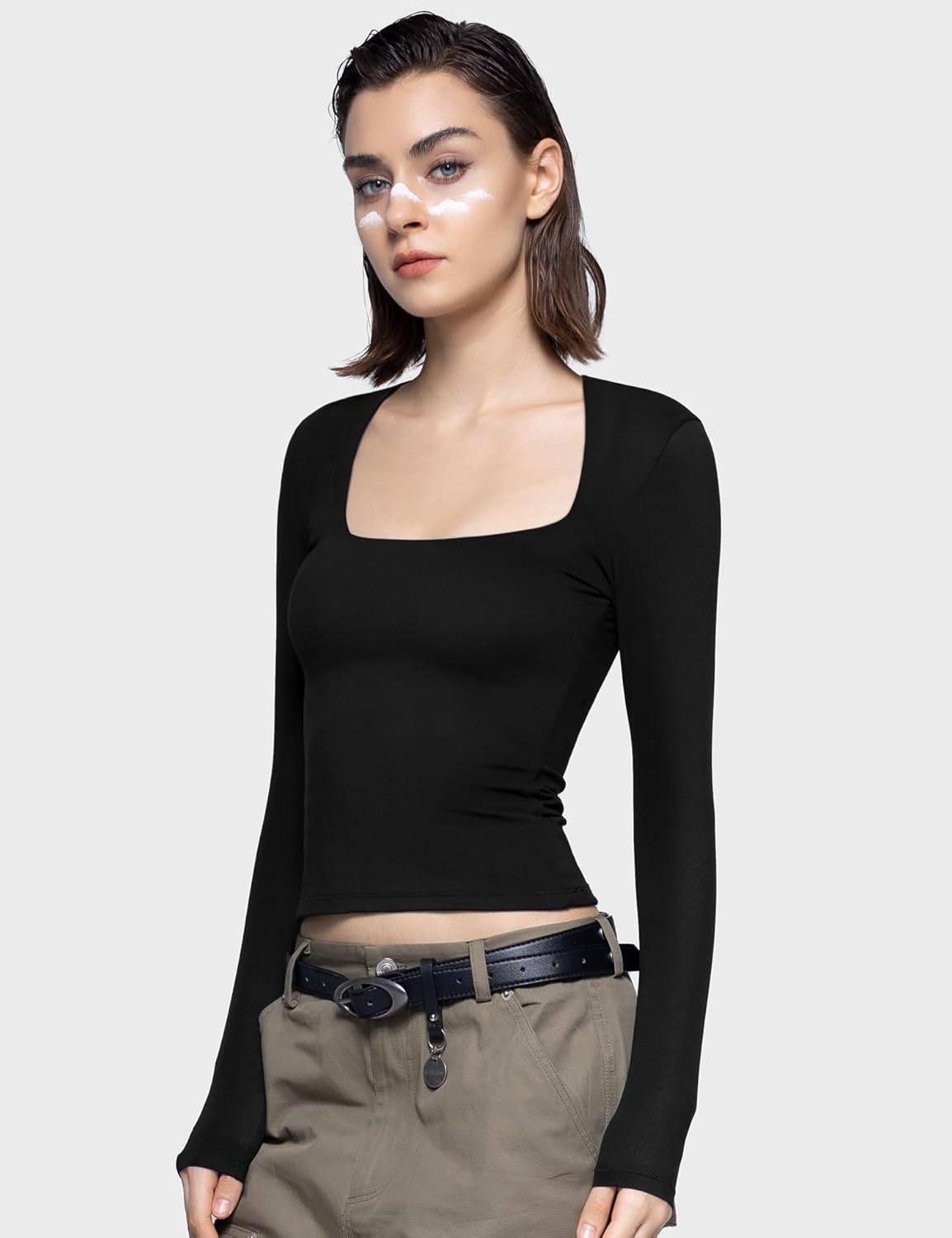 PUMIEY Women's Square Neck Long Sleeve T Shirts Slim Fit Tops Basic Tee Smoke Cloud Pro Collection - Image 6