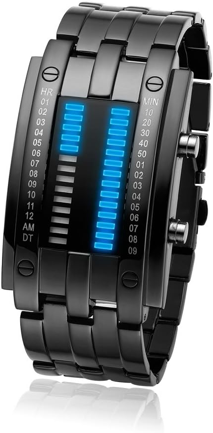 BROJET Man's Blue LED Digital Creative Waterproof Watches Black Plated Cool Binary Wrist Watch …