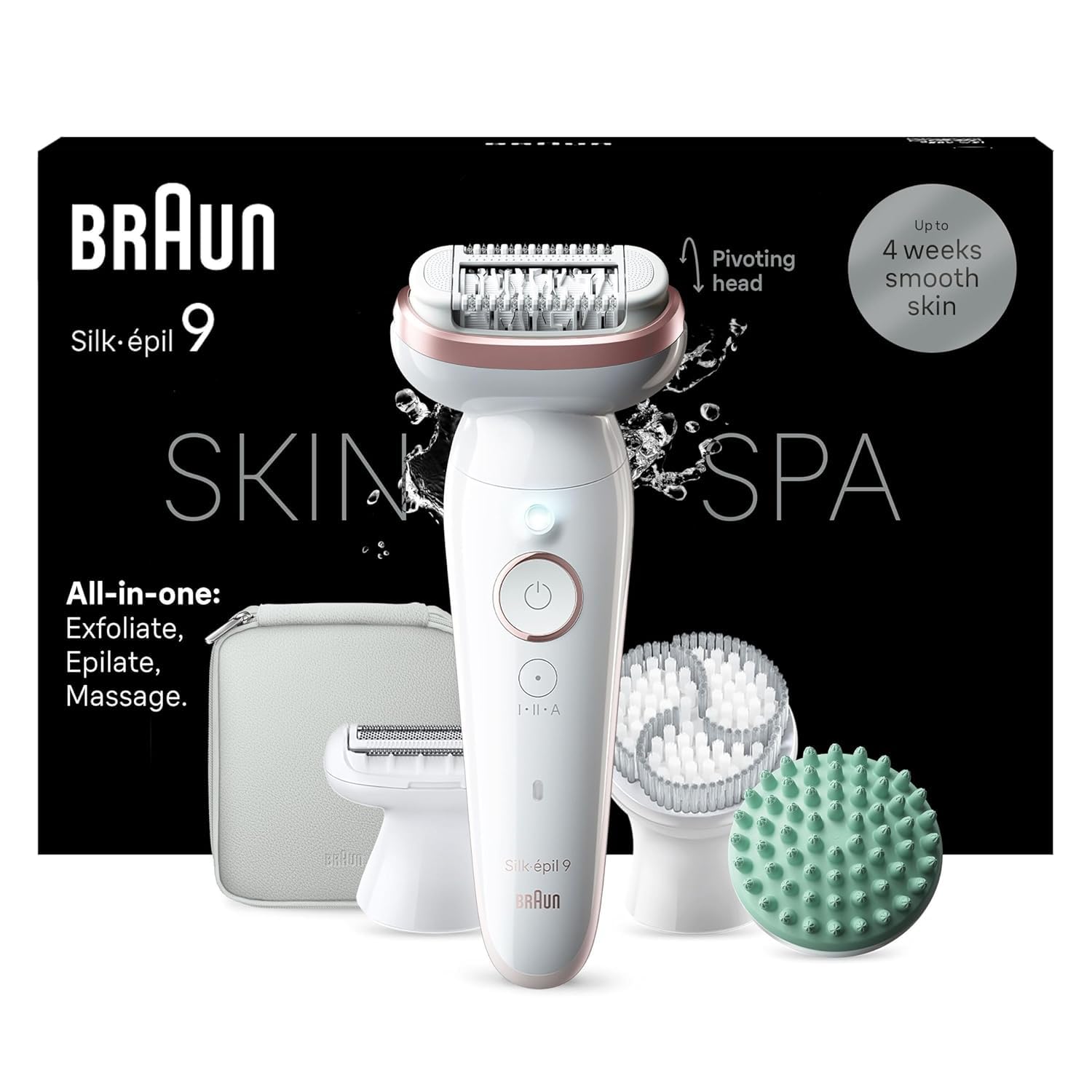 Braun Silk-épil 9 SkinSpa Epilator for Easy Hair Removal, Silky Smooth Skin, 9-080, White/Pink + 6 Extras