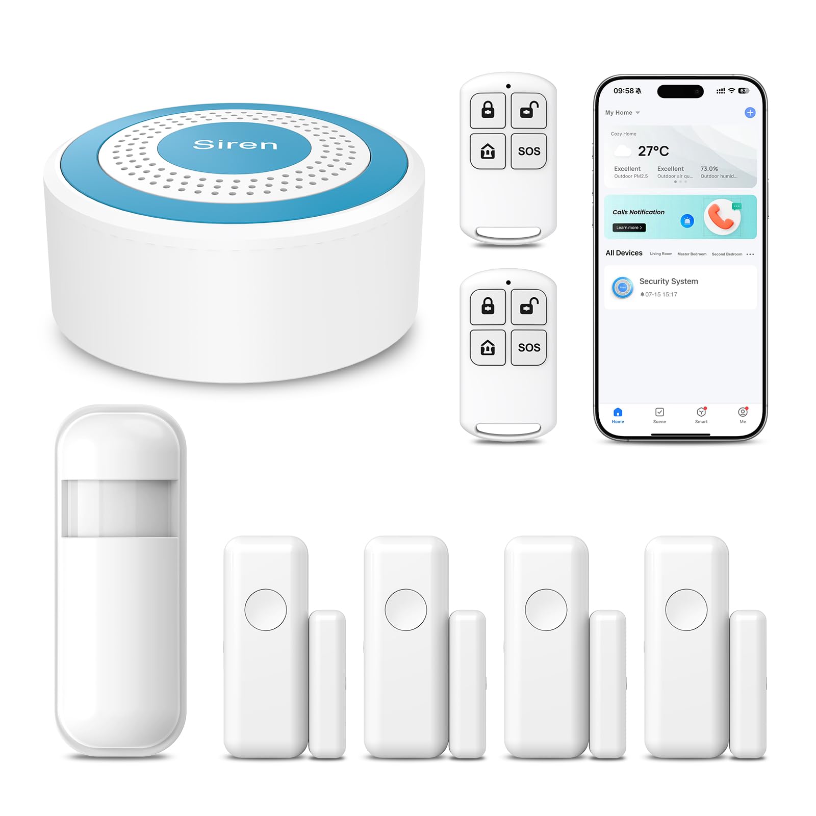 XNY Systèmes de sécurité pour maison intelligente, systèmes d'alarme sans fil avec 4 capteurs de porte et fenêtre, 1 détecteur de mouvement, 2 télécommandes, WiFi 2,4 GHz, notification d'application