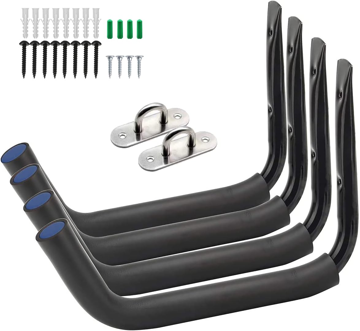 Kayak Racks for Outdoor Storage, Garage Paddle Board Wall Mount, Heavy Duty Wall Hooks for Canoe, Ladder, Bicycle, Folding Chairs, Surfboard, Snowboard, Hose and Tools (4 kayak hook+ 2 Pad Eyes Plate) Kayak Racks for Outdoor Storage, Garage Paddle Board Wall Mount, Heavy Duty Wall Hooks for Canoe, Ladder, Bicycle, Folding Chairs, Surfboard, Snowboard, Hose and Tools (4 kayak hook+ 2 Pad Eyes Plate)